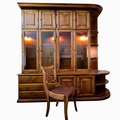 Lot #3 Beautiful Vintage Solid Wood Wall Unit with Lighted Cabinets - 4 Pieces - Approximately 8 feet tall, and 8 feet wide.