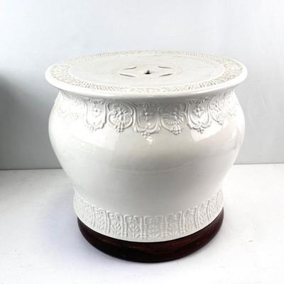 Large Vintage Asian White Porcelain Vase Stand with Wood Base - 2 Pieces