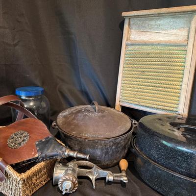 Mystery Lot: Antique Washboard + Cast Iron Pot