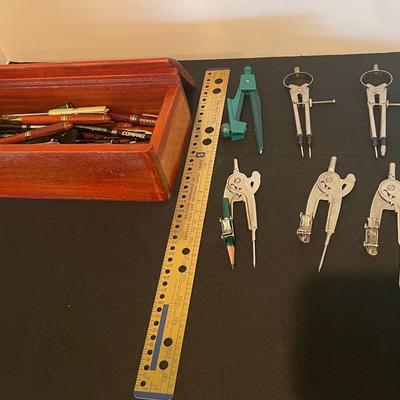 Mystery Lot Of Drawing Compasses & Pens Including Wood Pens 