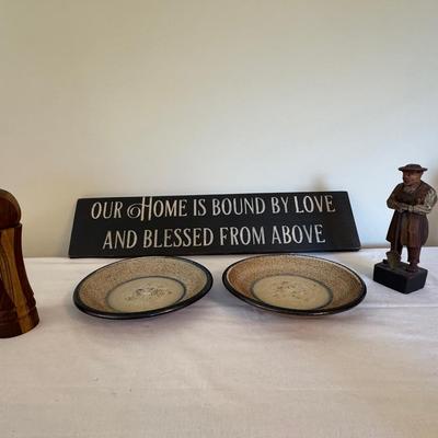 Handmade Pottery Shallow Bowls, Wooden Pepper Grinder & Kitchen Decor by
