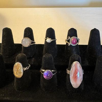 (6) Sterling Silver Rings with Stone Pendants 