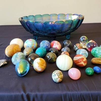 Oval Blue Carnival Glass Bowl & Variety of Glass Eggs