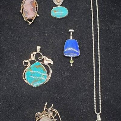 (6) Sterling And Stone Pendants And (1) Chain