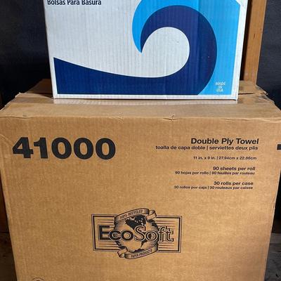 Bulk Box Of Paper Towels, And Trashcan Liners