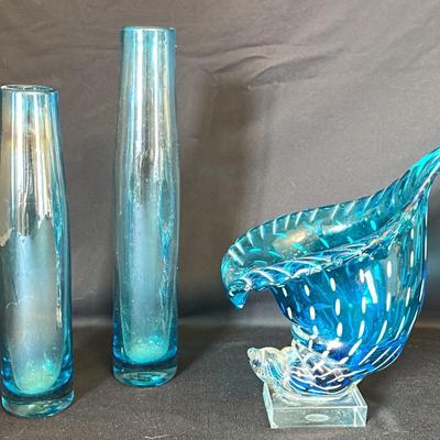 Vintage Blue Glass-Teal Blue Shell And Vases