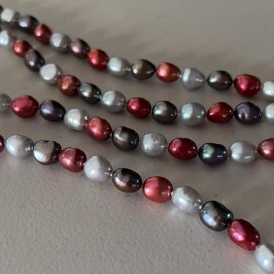 Red & Gray Pearl Strand Necklace W/ Sterling Silver Clasp