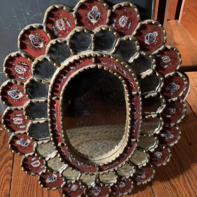 Red & Gold-Tone Petal-Edge Wall Mirror