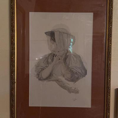 Giltwood-Framed Print of a Hatted Woman