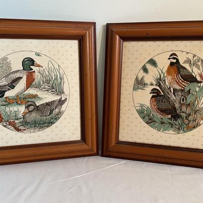Pair of Framed Bird Prints on Fabric