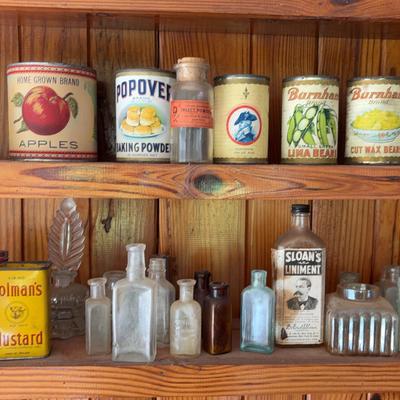 Two Shelves of Vintage Glass Bottles & More