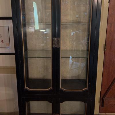 Black Wooden Glass-Front Chinoiserie Lighted Display Cabinet