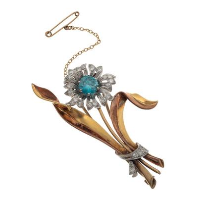 Retro Zircon, Diamond, 14k Rose, White and Yellow Gold Fur Clip