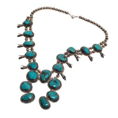 Navajo Turquoise, Silver Squash Blossom Necklace