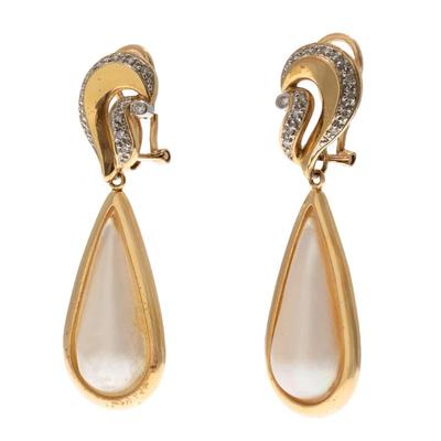 Pair of Mabe Pearl, Diamond, 14k Yellow Gold Earrings