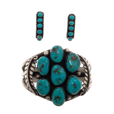 Navajo Turquoise, Silver Bracelet with Pair of Earrings