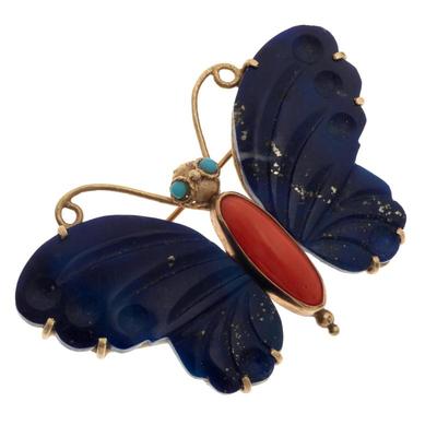 Lapis Lazuli, Coral, 14k Butterfly Pin