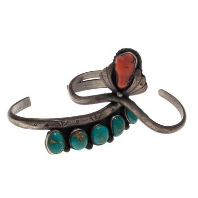 Two Navajo Turquoise, Coral, Silver Cuff Bracelets