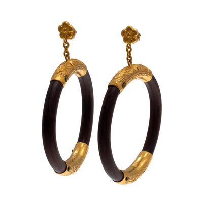 Pair of Chinese Hardwood, 22k Gold Hoop Earrings