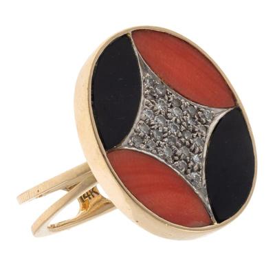 Diamond, Coral, Onyx, 14k Yellow Gold Ring