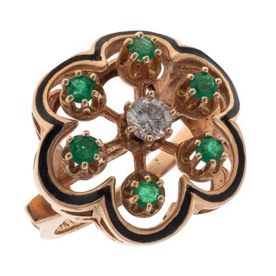 Diamond, Emerald, Enamel, 14k Rose Gold Ring