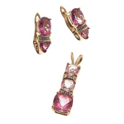 Pink Tourmaline, Diamond, 14k Yellow Gold Jewelry Suite