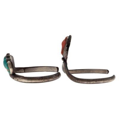 Two Navajo Turquoise, Coral, Silver Cuff Bracelets