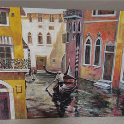 LARGE CANAL BOAT SCENE OIL PAINTING