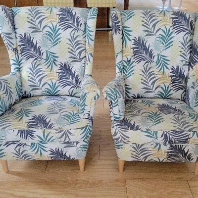 PAIR OF IKEA ARM CHAIRS WITH FUN FOLIAGE UPHOLSTERY 