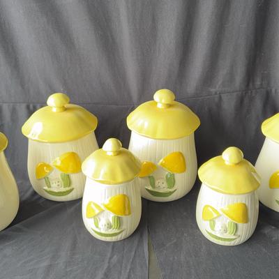 Vintage Yellow Mushroom Ceramic Canister Set – Set of 6 (small repaired crack on one)
