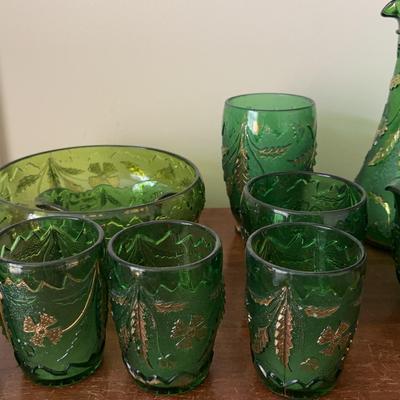 Vintaged Green pressed glass with gold-painted accents