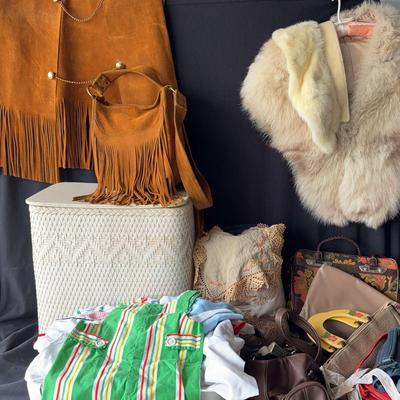 Vintage Antique Children Clothes, Leather Vest, Vintage Laundry Basket, Vintage Doilies, Bags