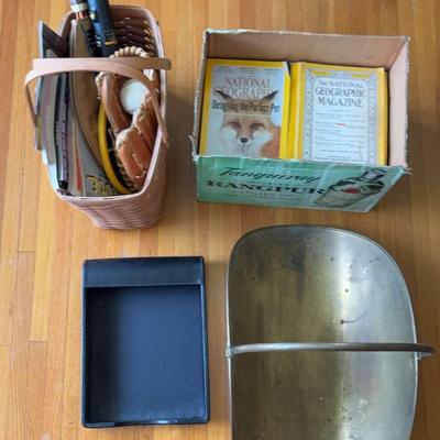 Vintage Brass Metal Footed Fireplace Log Holder, National Geographic Magazine Collection