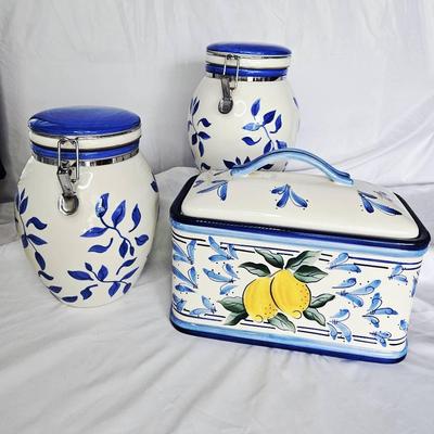 Pair Of Blue & White Seattle Stonelite Inspirado Cookie Jars & Bread Canister 