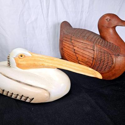 Hand Carved Wooden Pelican And Duck Box. 