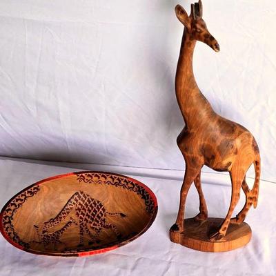 Handcrafted African Wooden Giraffe Statue and Decorative Oval Bowl 