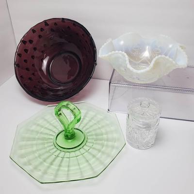Blenko Amethyst Studded Glass Bowl 11”, Uranium Glass Tray, Waterford Jelly, Dugan Opalescent Bowl 