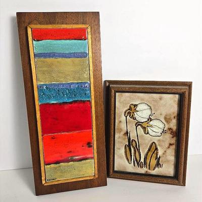 Mid Century Ceramic Floral and Signed Abstract Tiles - Framed 10x8” & 15.5x6.5”