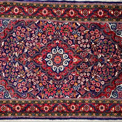 Hand-Knotted Persian Style Wool Area Rug with Central Medallion & Floral Scrolls - 3'x2’4”