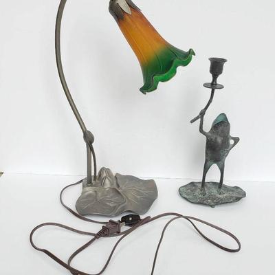 Lillypad Lamp With Glass Shade & Bronze Frog Candleholder 