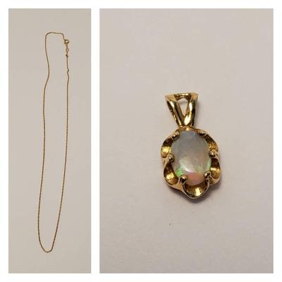 14K Gold (Marked) 16" Fine Chain Necklace & 14K Tested Opal Pendant