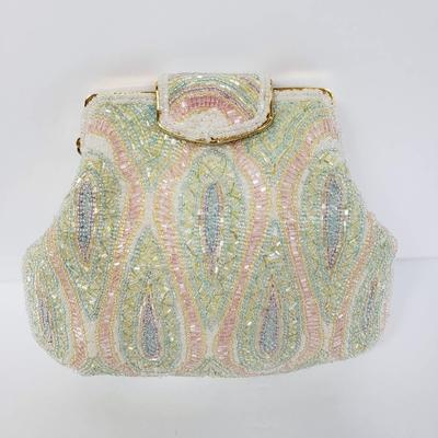 Pastel Beaded Handbag With Gold Toned Chain Handle 7"x6.5"