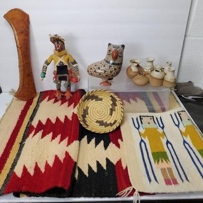 Wolf Kachina 10”h, Rug 1’3”x3’3”, Woven Basket, Clustered Pots & More