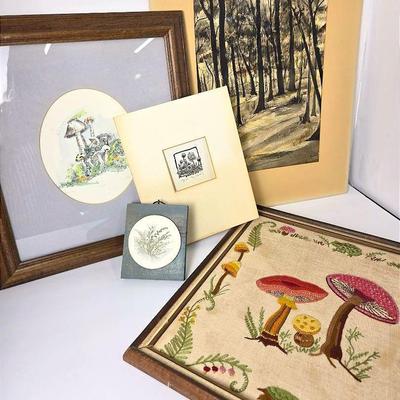 Forest Scene Watercolor 14x11”, Mushroom Print & Crewel Work Framed 16x14” & 16x16”, More