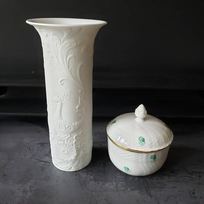 Vintage Kaiser Bisque Porcelain Peacock Vase West Germany 9"x4.25" & Shamrock Sugar Bowl 4.5"x4.5"