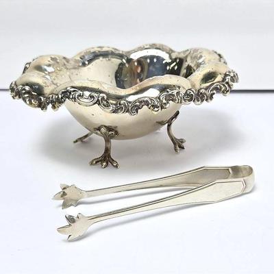 Sterling Silver Marked Footed Sugar Bowl (7”) & Sugar Cube Tongs (5")