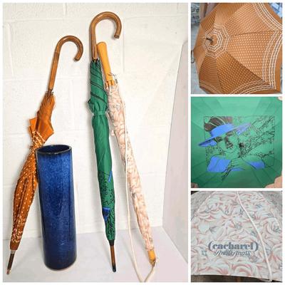 Ceramic Umbrella Stand 16”h & 3 Vintage Umbrellas