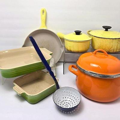 Le Creuset: 9” Skillet, 2 Baking Dishes, 6.5” Dutch Oven, 5.5” Sauce Pan; Plus Unmarked Orange Pot