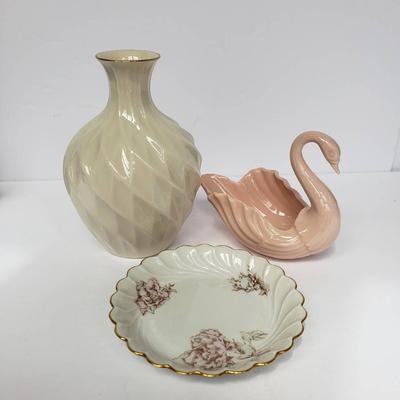 Lenox Ivory & Gold Vase, Lenox Pink Swan & Haviland Limoges Small Dish (1964) 