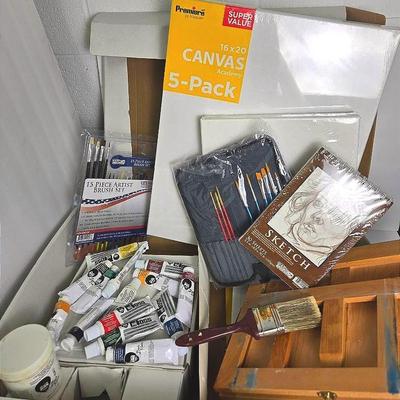 Art Supplies: Bob Ross Oil Paints, Tabletop Box Easel, Canvases, Acrylic & Watercolor Paints, More